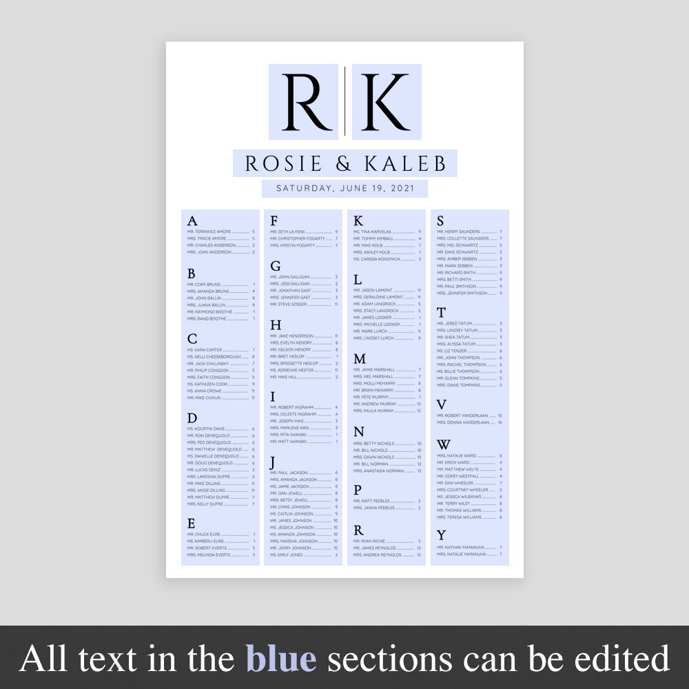 editable alphabetical seating chart template bride and groom big initials