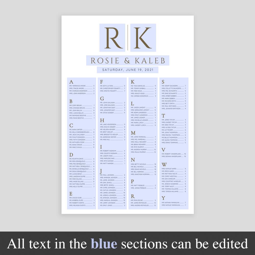 editable alphabetical seating chart template bride and groom initials