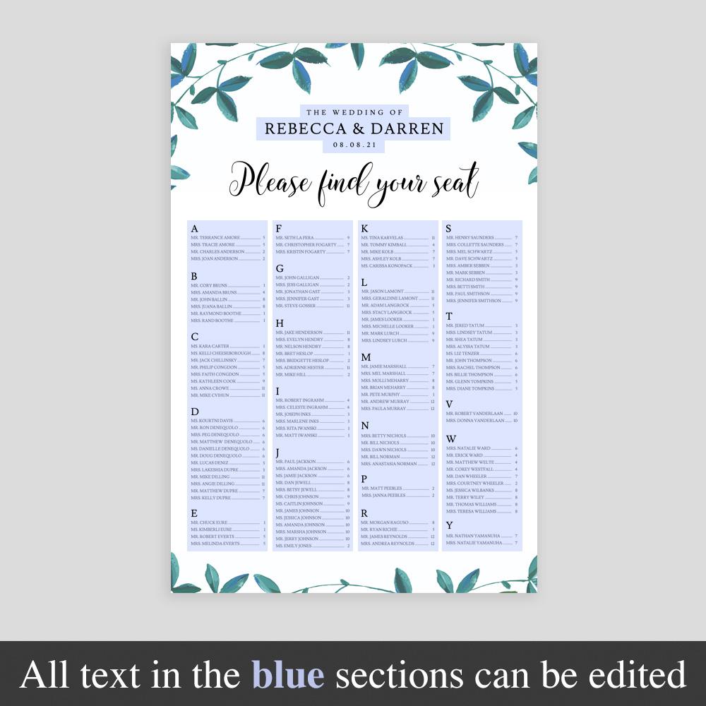 4-column eucalyptus alphabetical seating chart template with editable sections highlighted