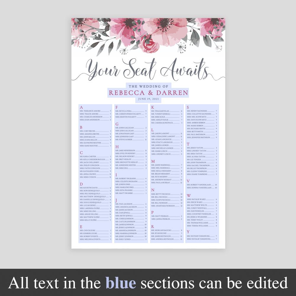 editable text highlighted on alphabetical table plan template