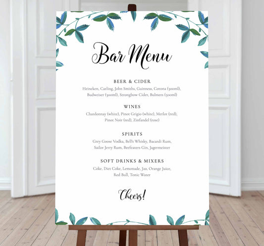 Editable bar menu sign green leaves border