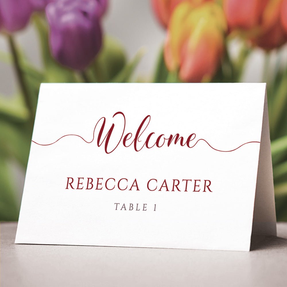 editable burgundy wedding place card template
