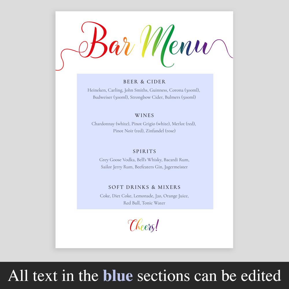 editable text highlighted on the pride drinks menu template