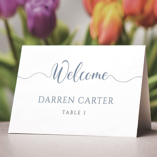 editable dusty blue wedding place card template