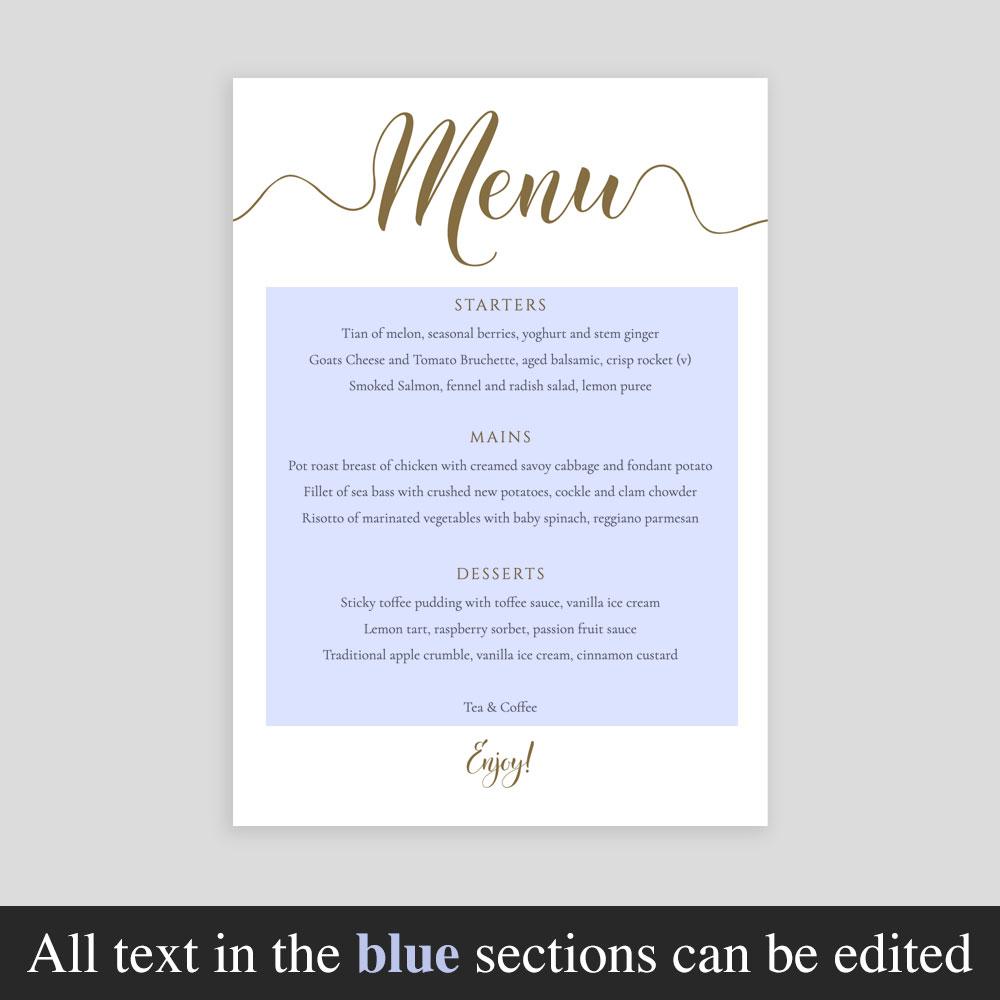 wedding menu with editable text highlighted. Edit the starters, mains and desserts