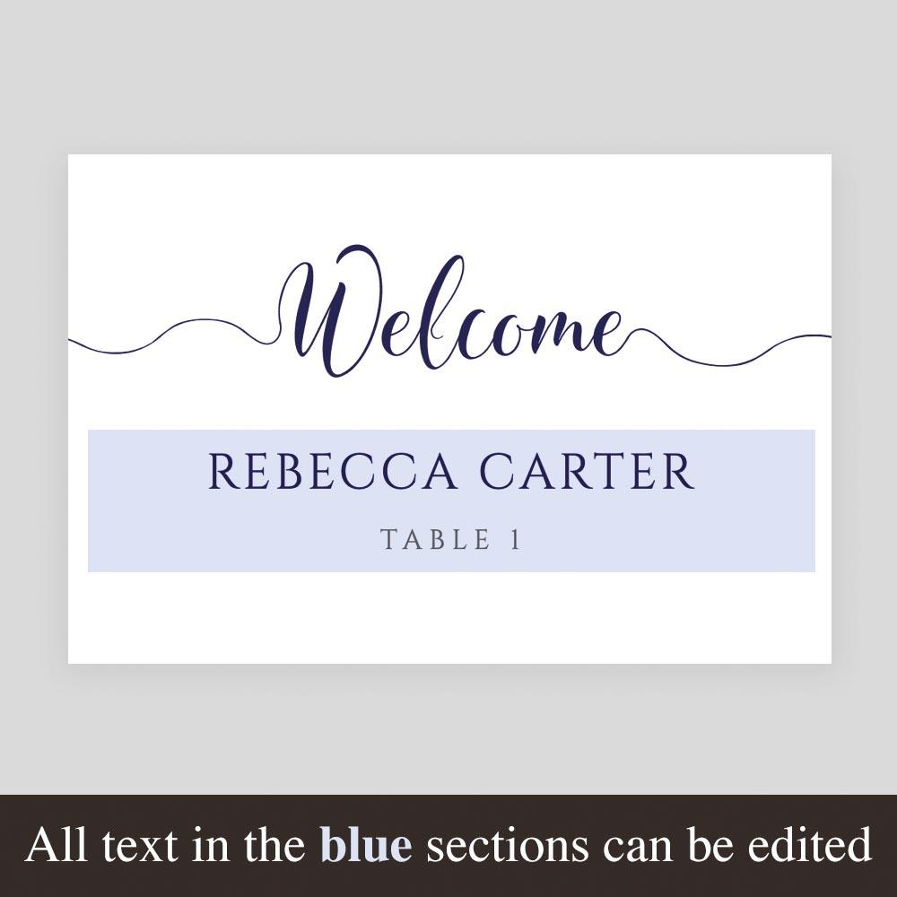 editable text on navy place card template