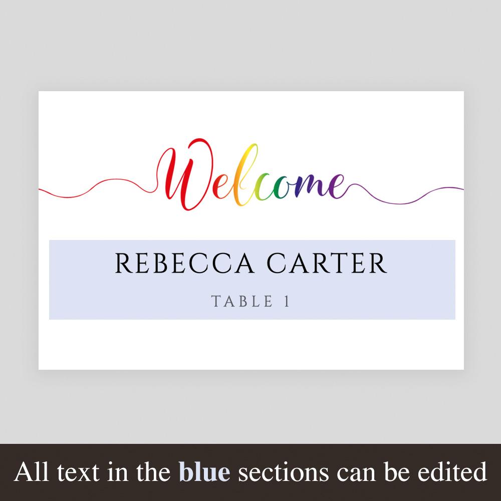 editable text on a rainbow place card template