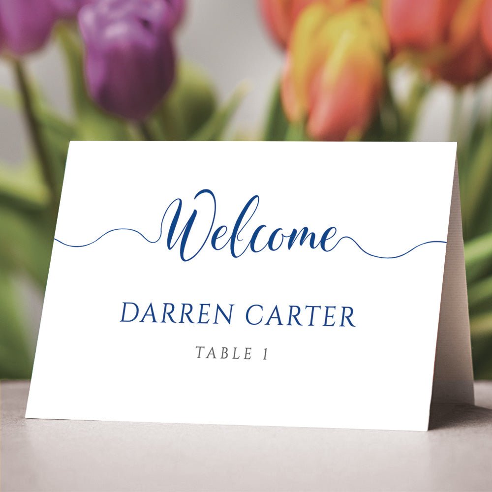 editable sapphire blue wedding place card template