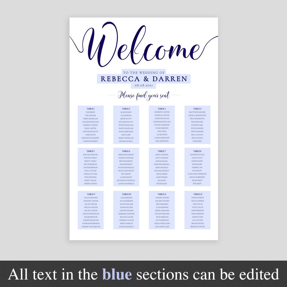 editable text on a navy wedding seating plan