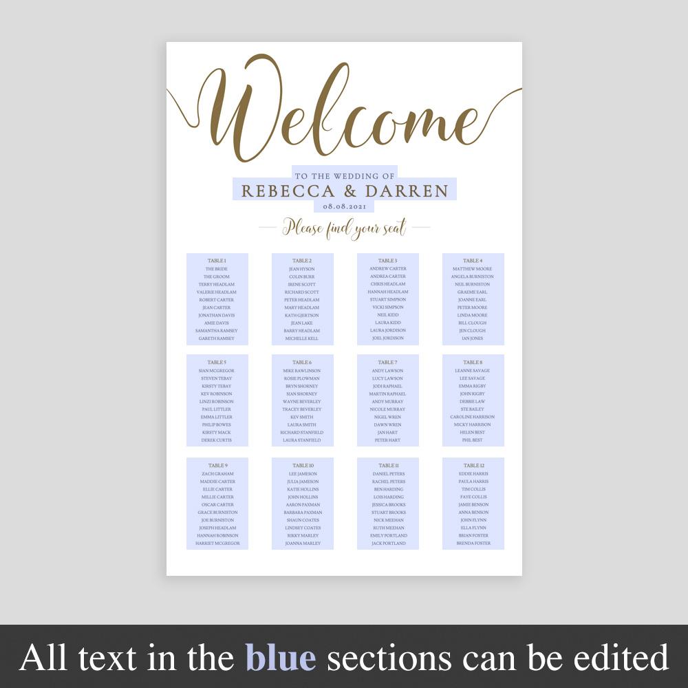 editable text on a printable gold seating chart template