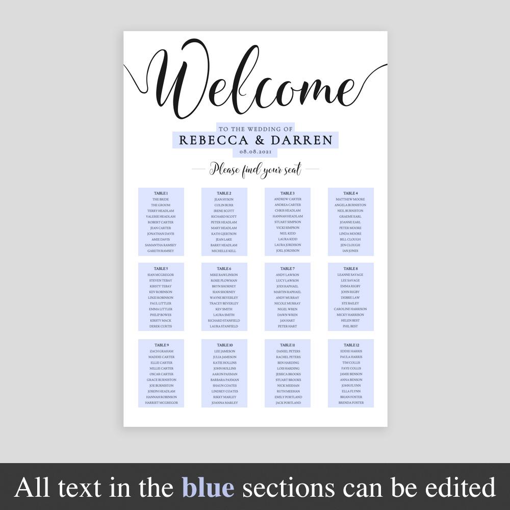 editable areas highlighted on a welcome seating plan template with 12 tables
