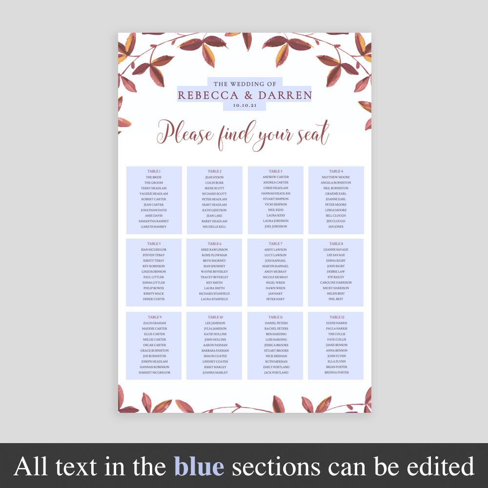 editable seating chart template autumn theme