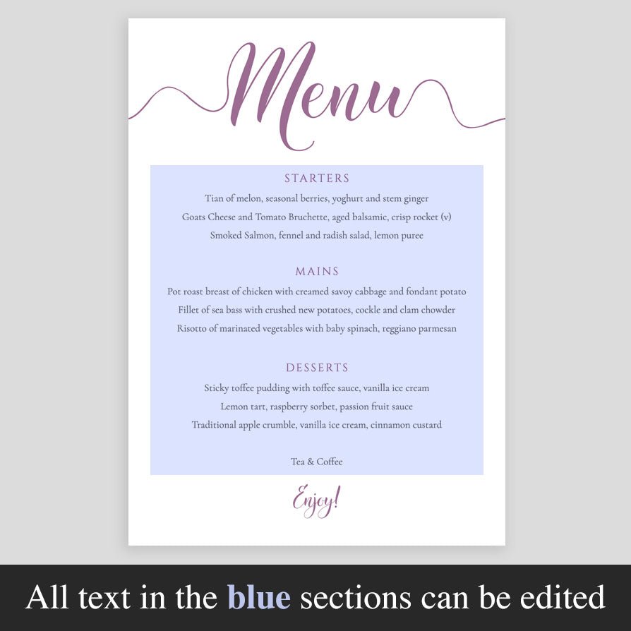 editable sections highlighted on lavender wedding menu template