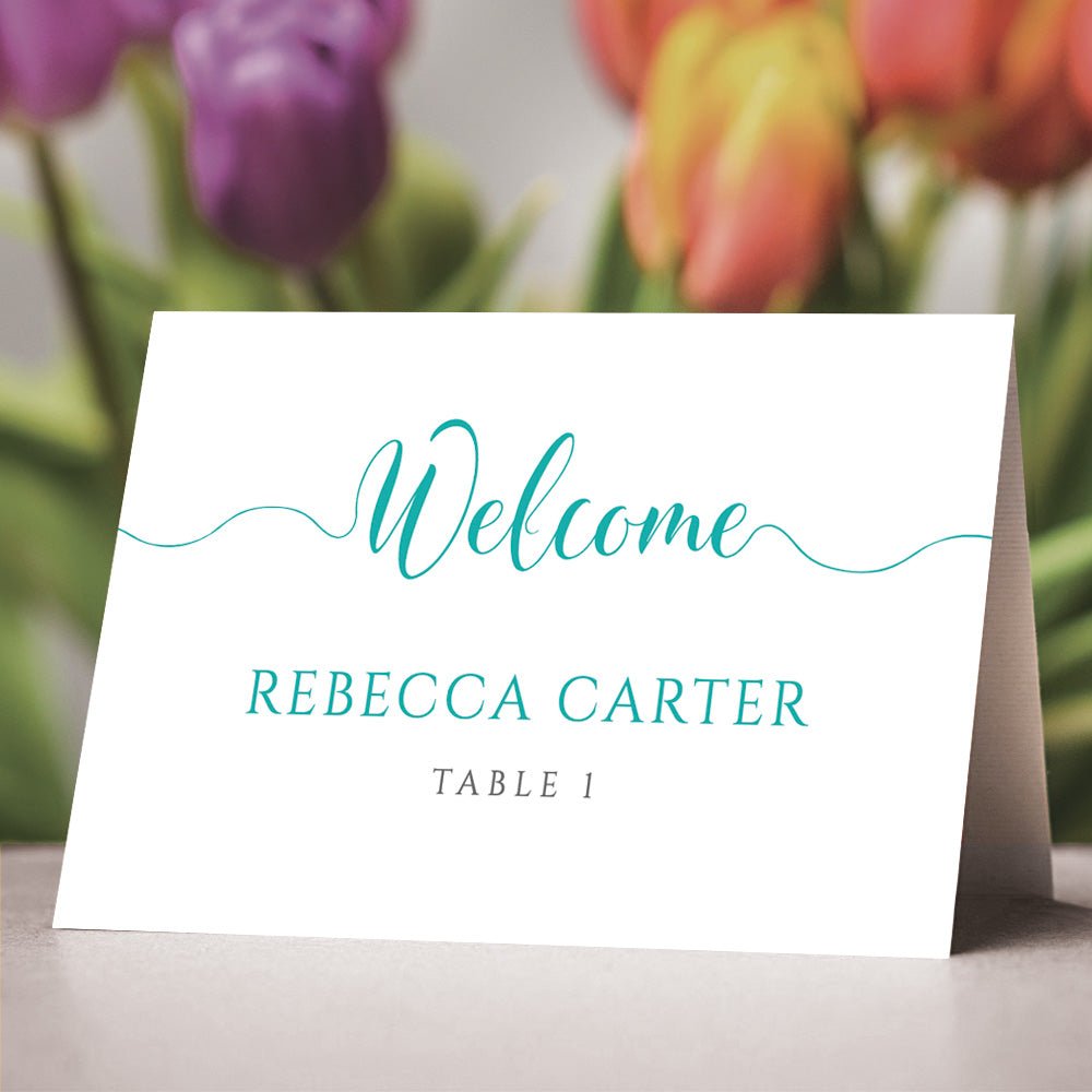 editable teal wedding place card template