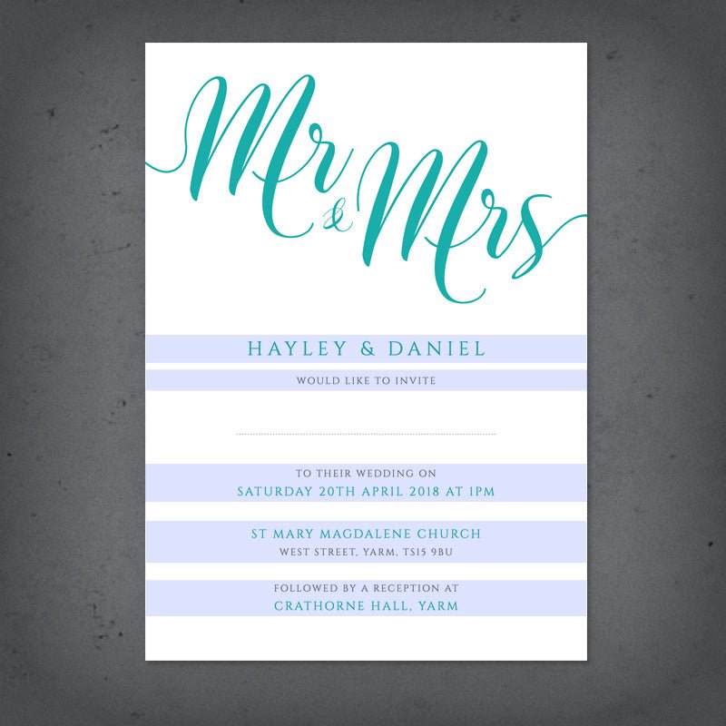 editable text highlighted on aqua wedding invitation