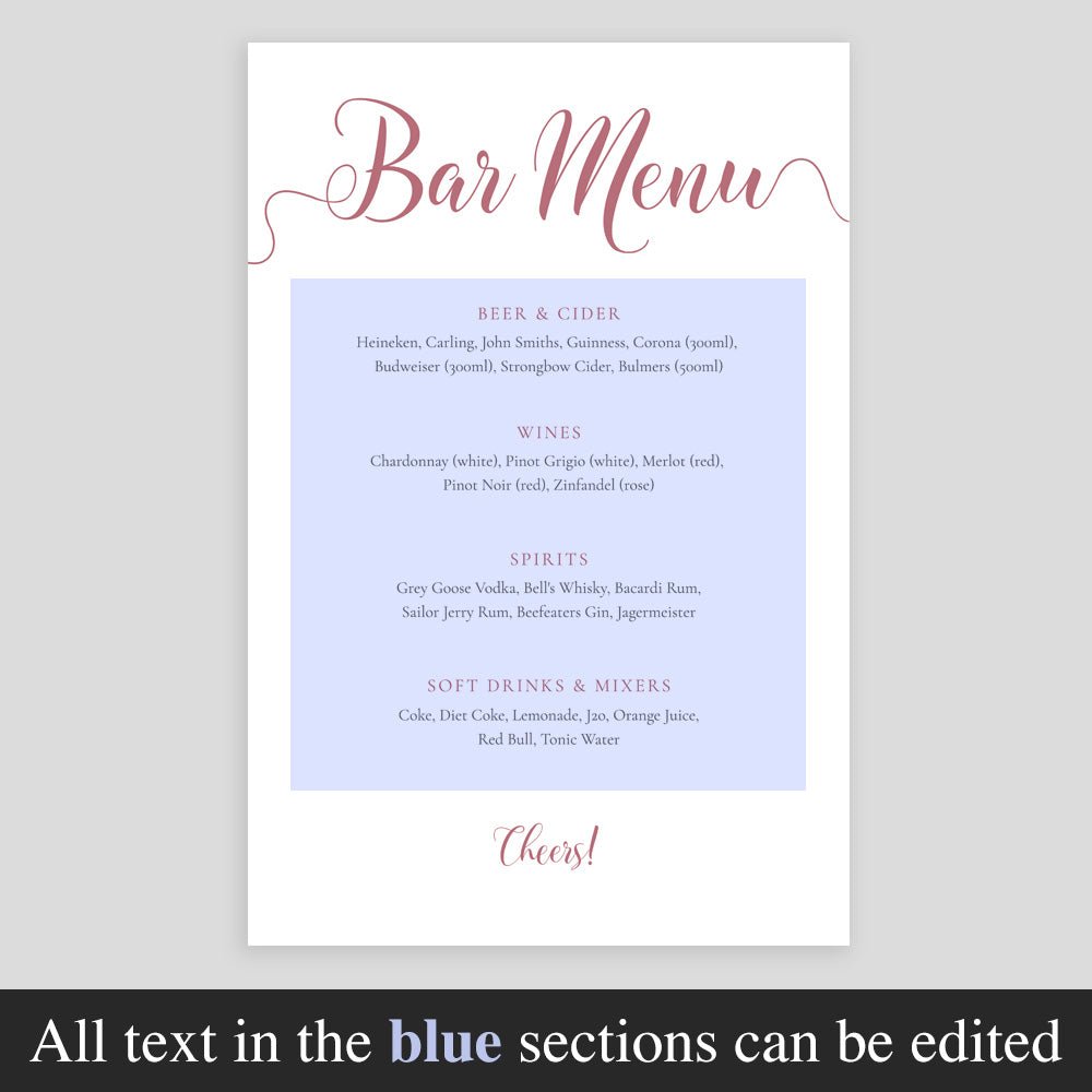 editable text highlighted on flamingo pink drinks menu template