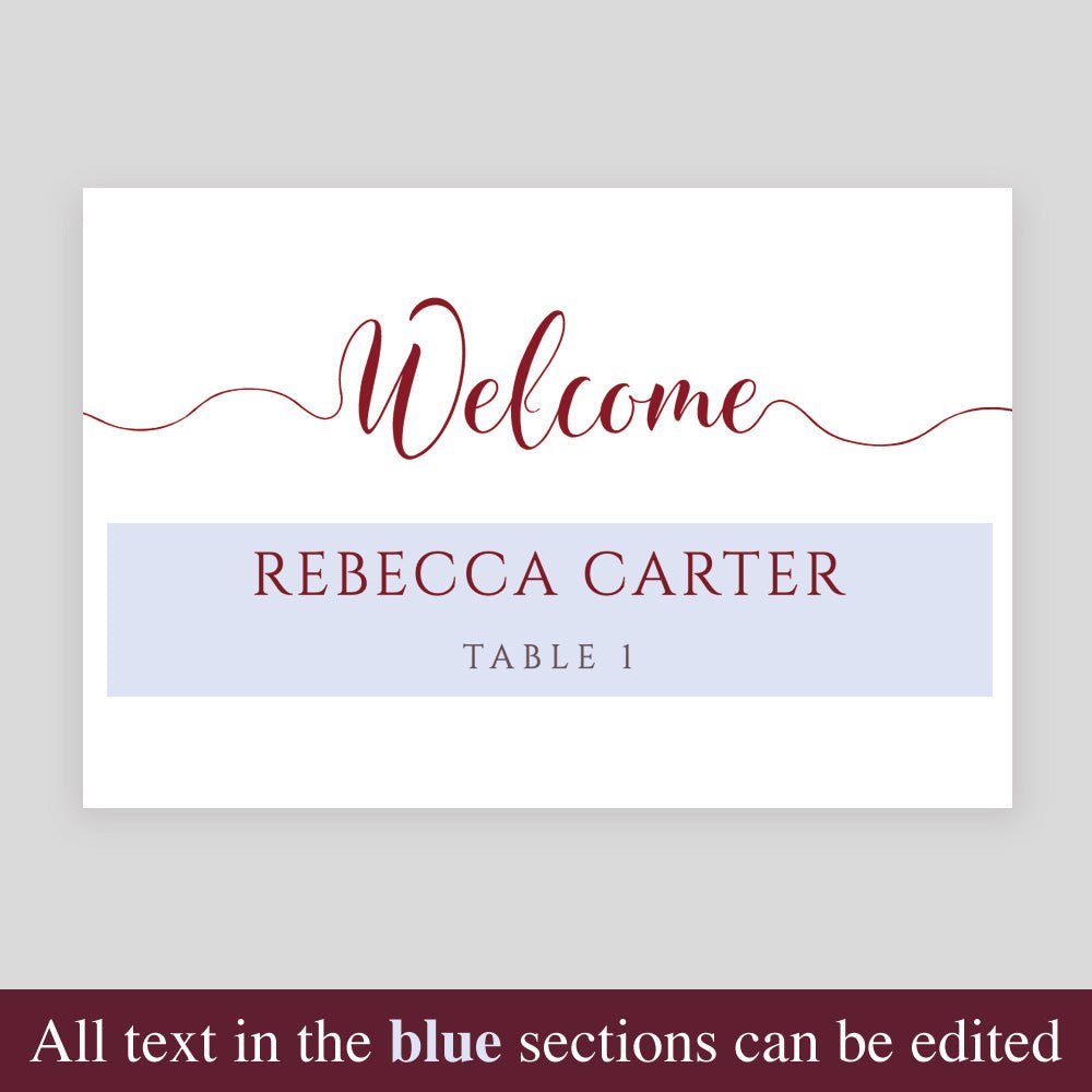 editable text highlighted on maroon place card template