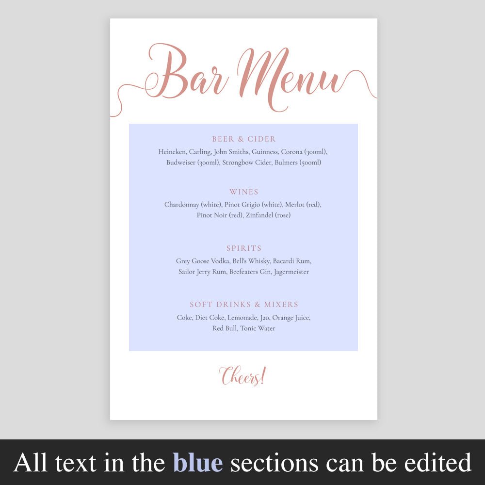 editable text highlighted on salmon pink drinks menu template