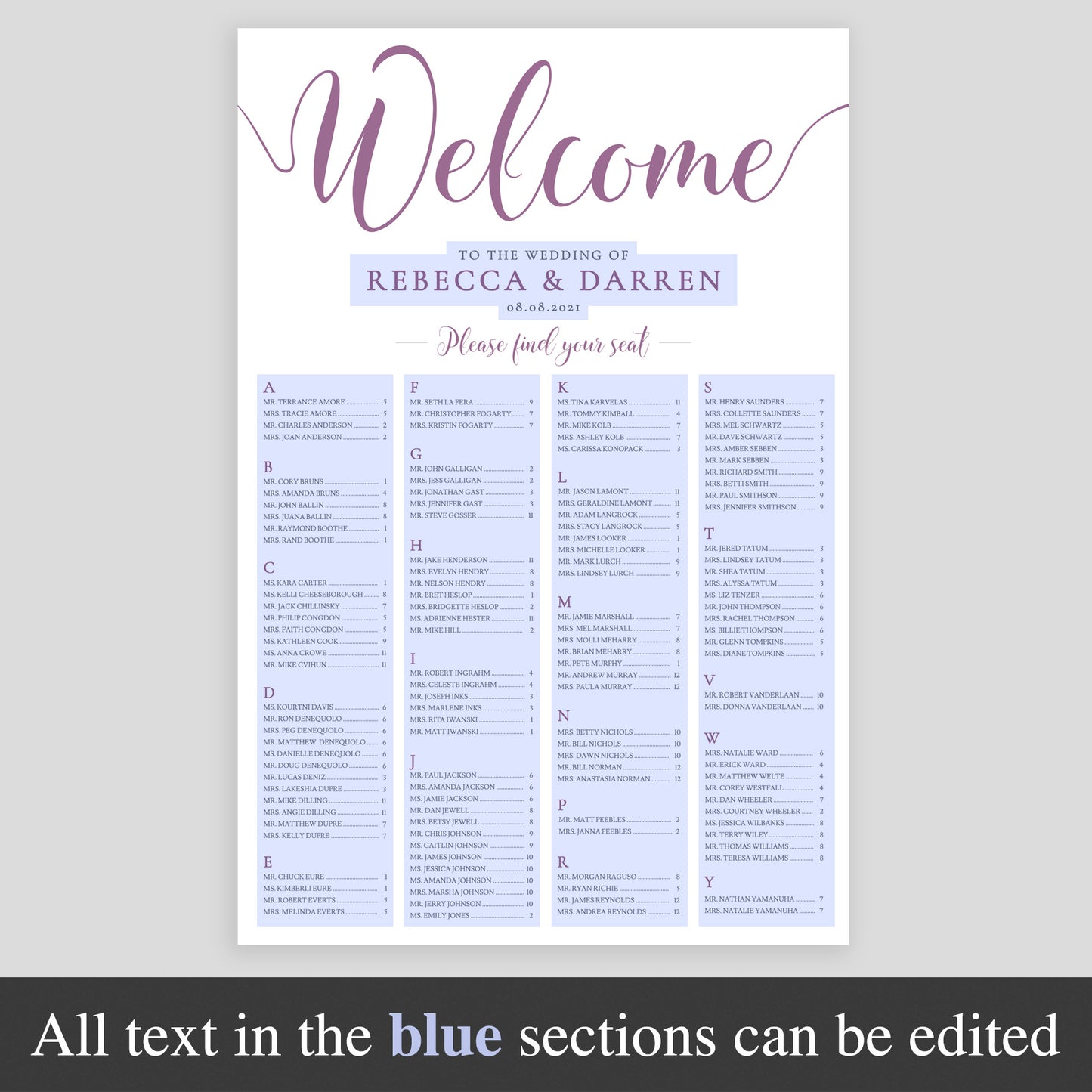 editable text on A1 seating plan template