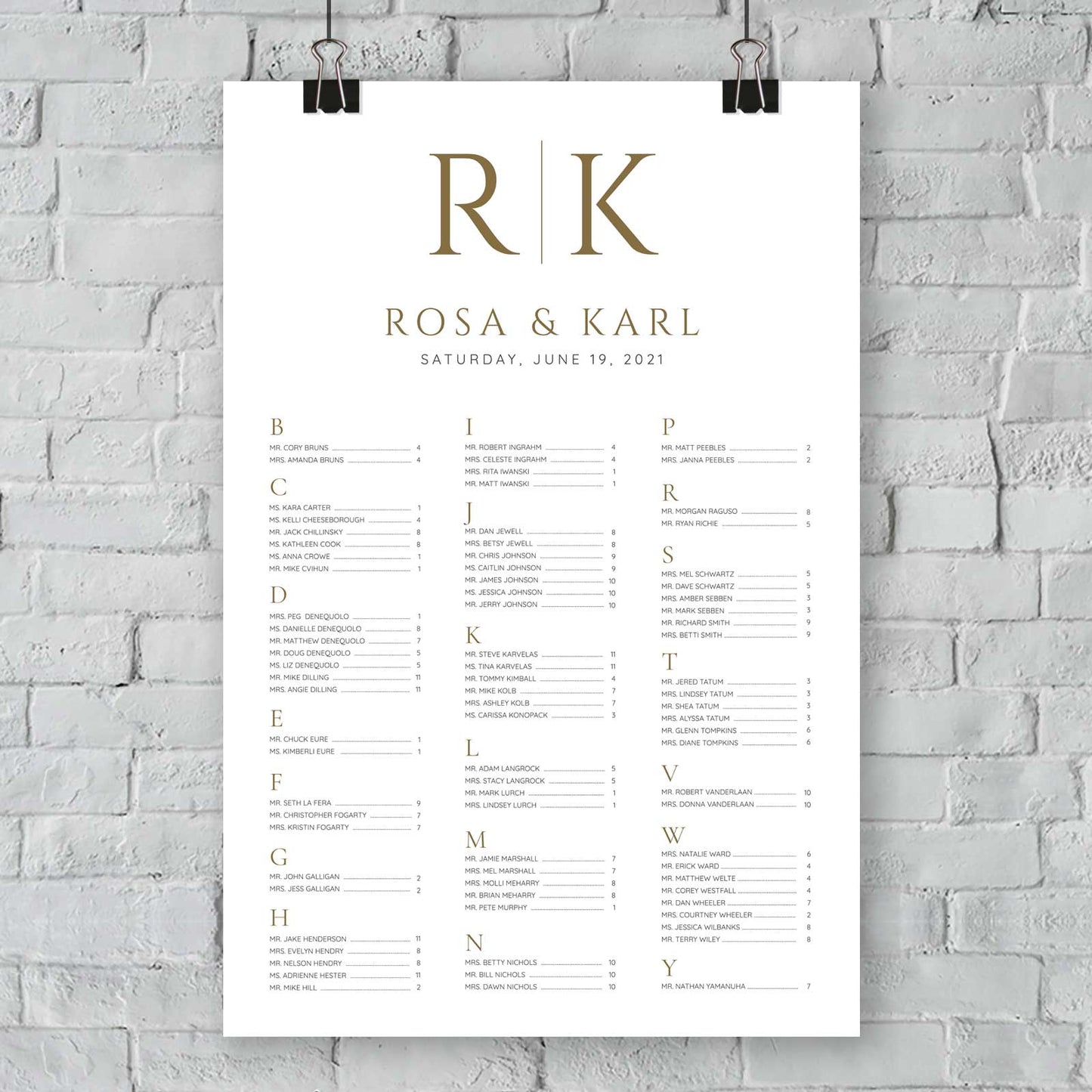 classic gold alphabetical seating chart hanging wall
