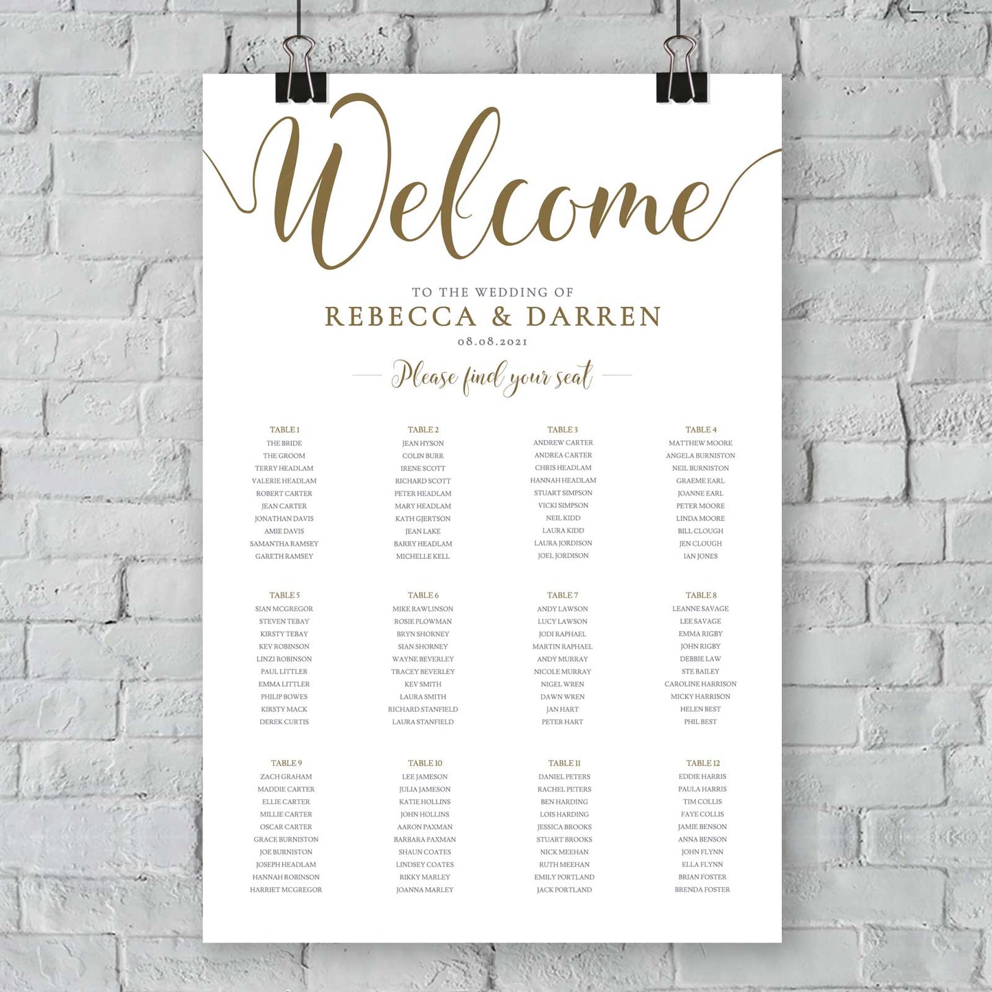 12 table wedding seating plan in gold