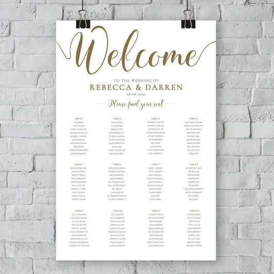 12 table wedding seating plan in gold