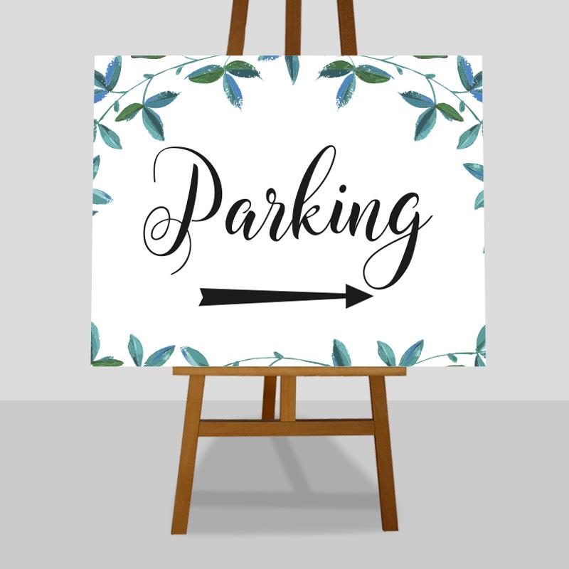eucalyptus wedding parking arrow sign on an easel