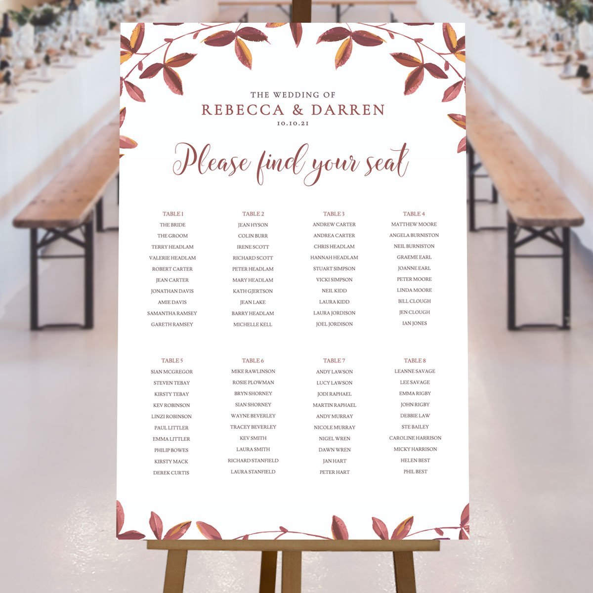 fall leaves seating plan at wedding reception