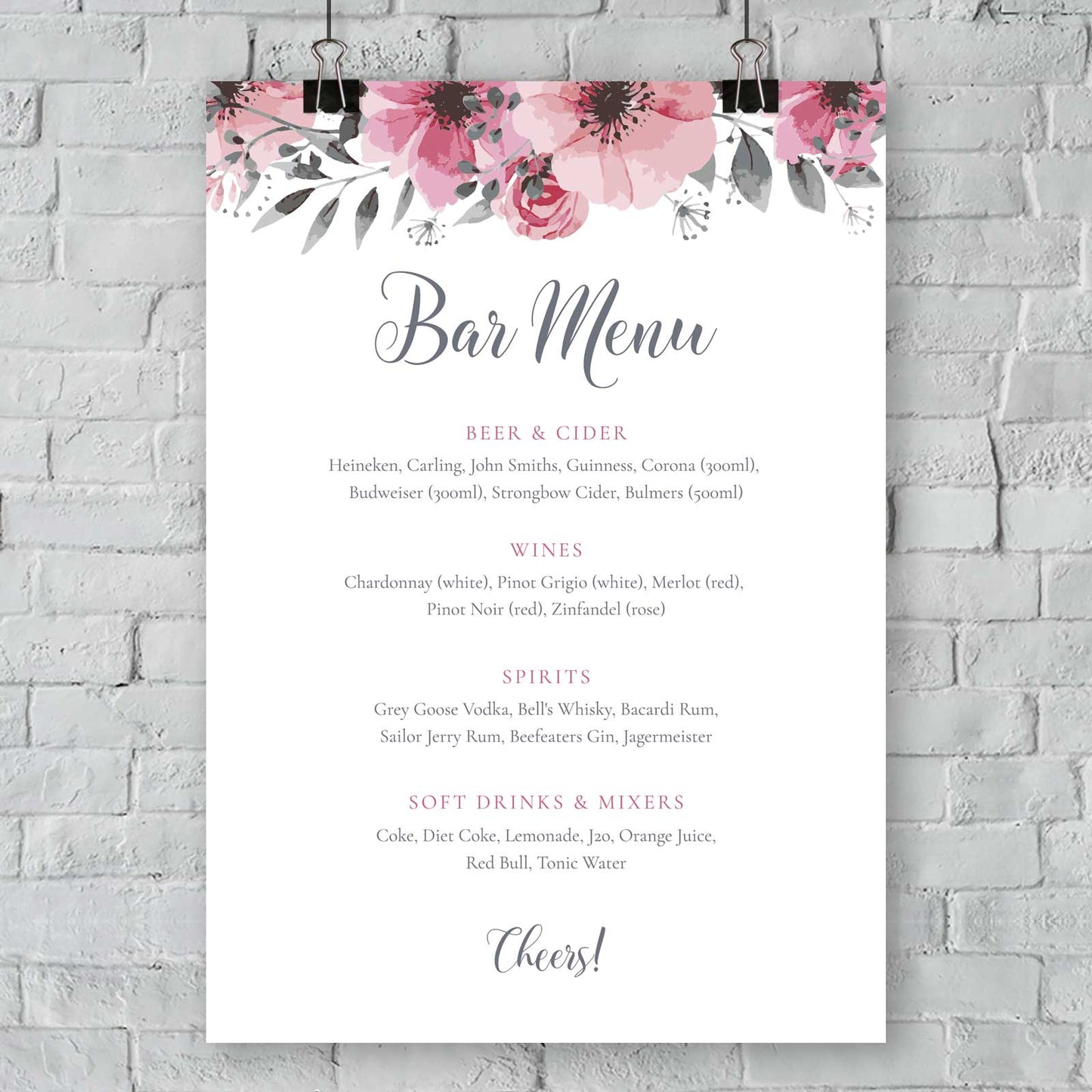outdoor bar menu beer, cider, wine list, spirits, soft drinks and mixers