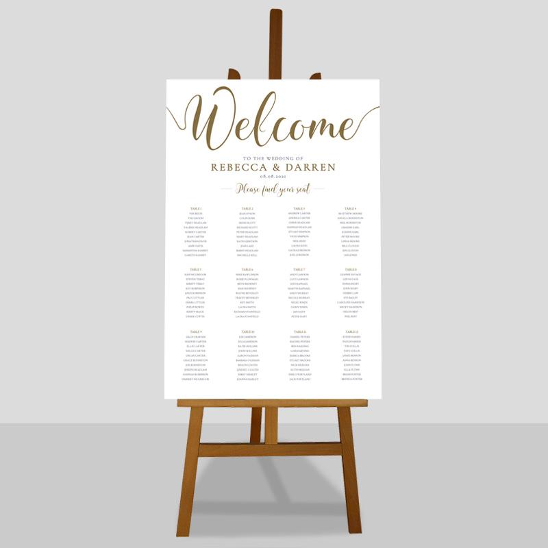 gold seating plan template with bride and groom names and wedding date