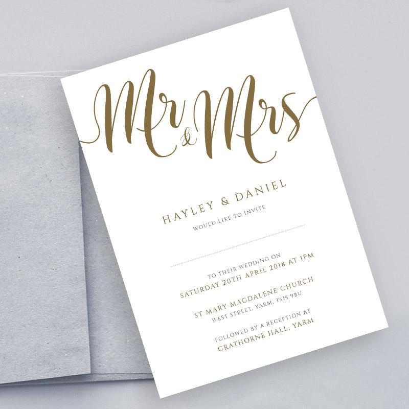 gold mr and mrs wedding invitation with envelope
