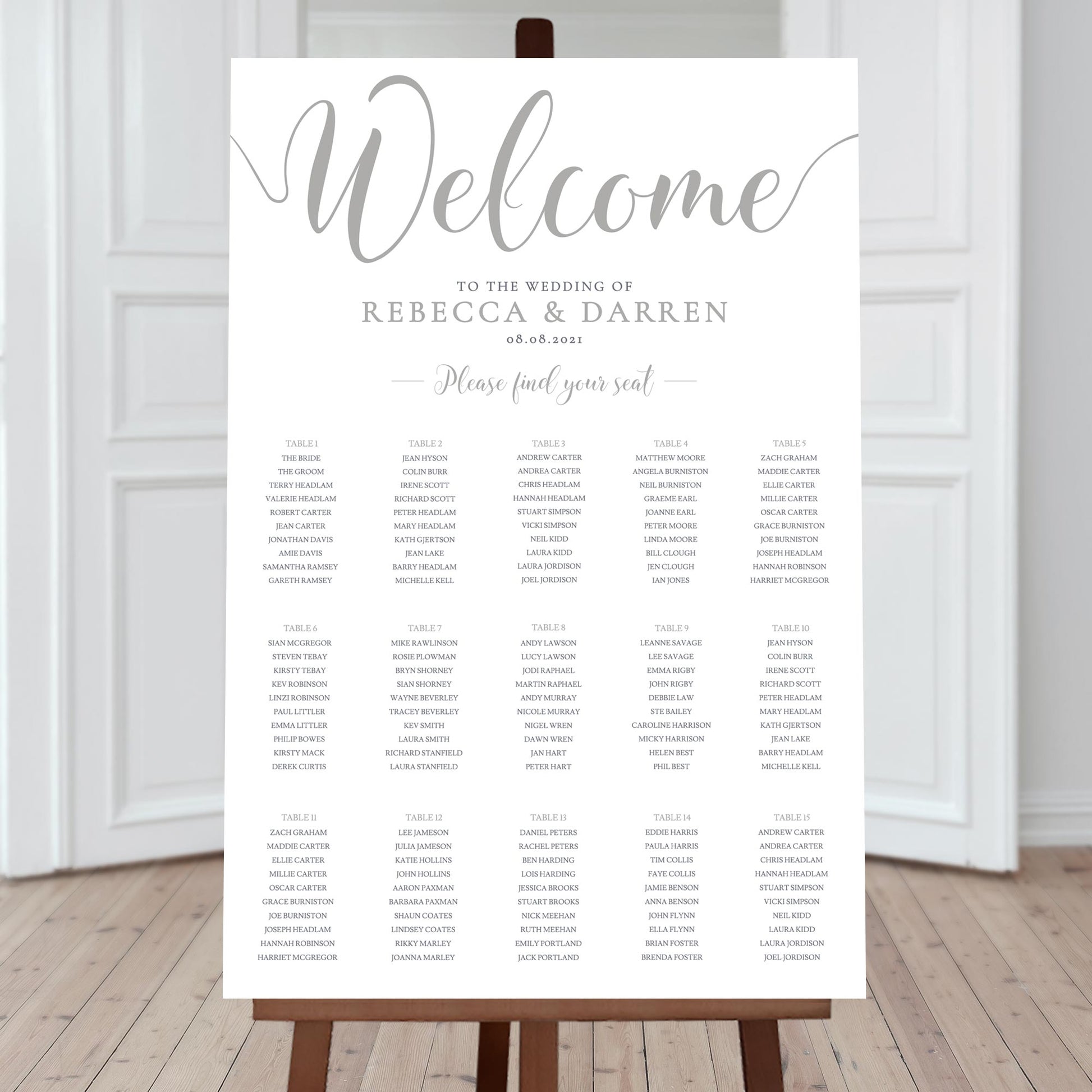 graphite wedding seating chart with 15 tables