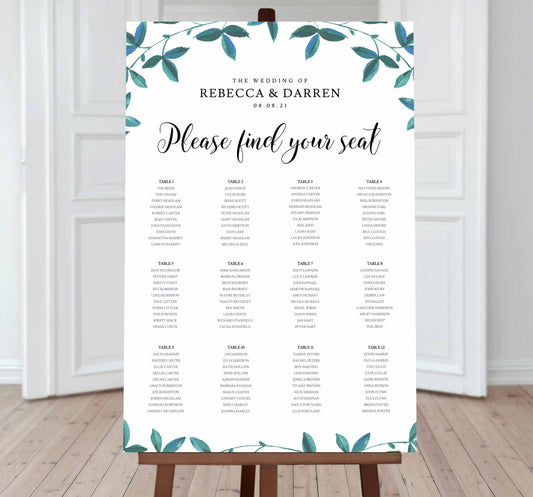 wedding seating chart with bride and grooms name, wedding date, please find your seat with table numbers and guest names
