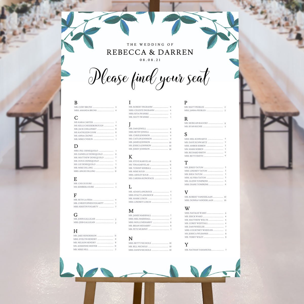 greenery theme a-z seating plan at a marquee wedding reception
