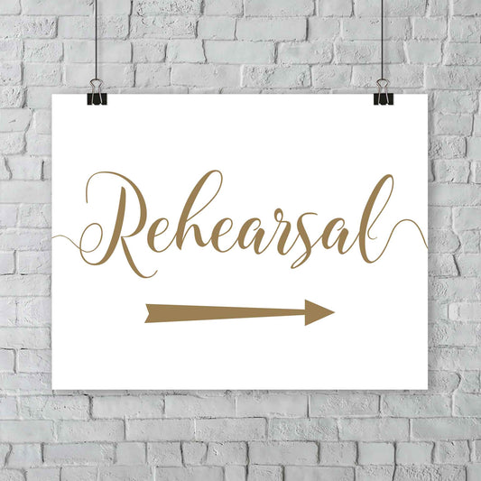 gold rehearsal sign with directional arrows