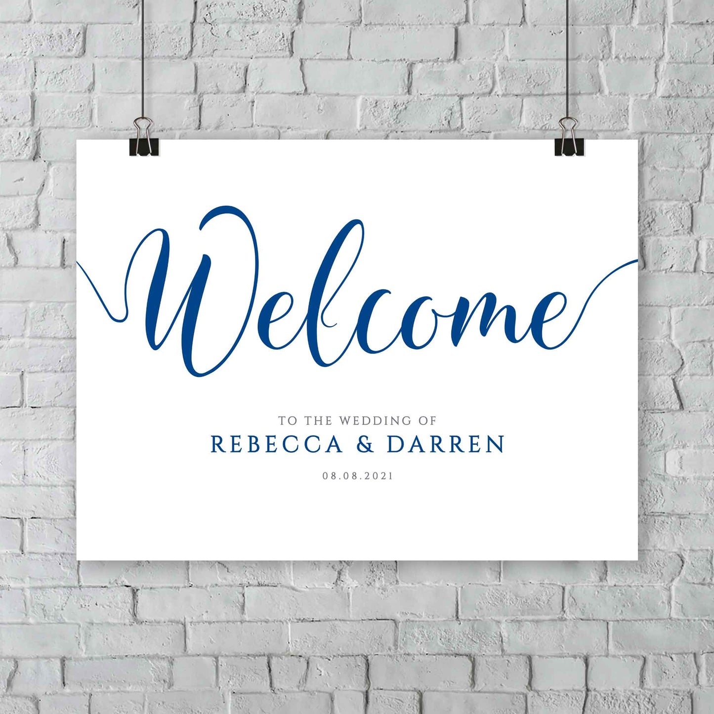 hanging royal blue wedding welcome signage