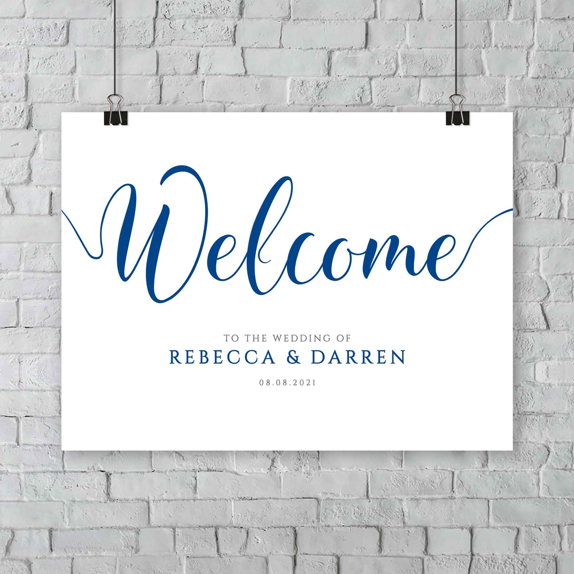 hanging royal blue wedding welcome signage