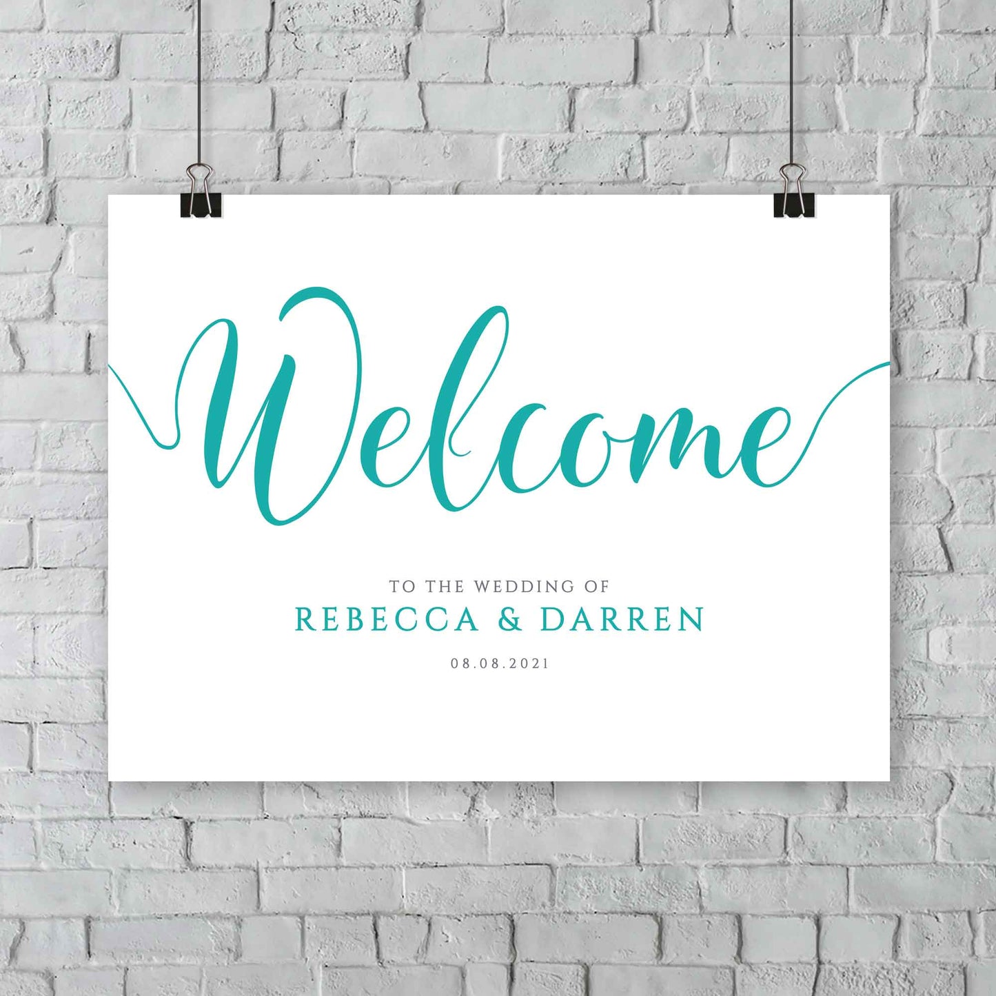 hanging turquoise wedding welcome signage