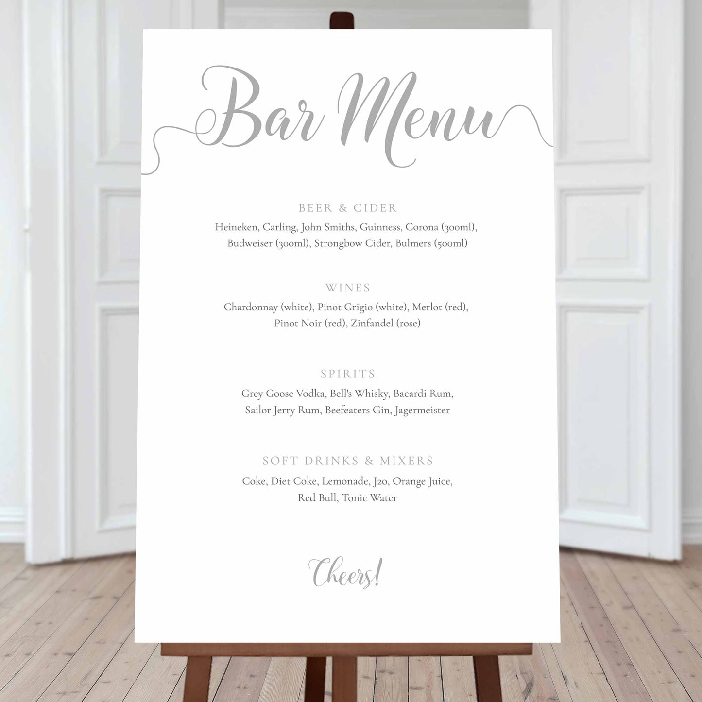 large printed editable bar menu sign in grey silver