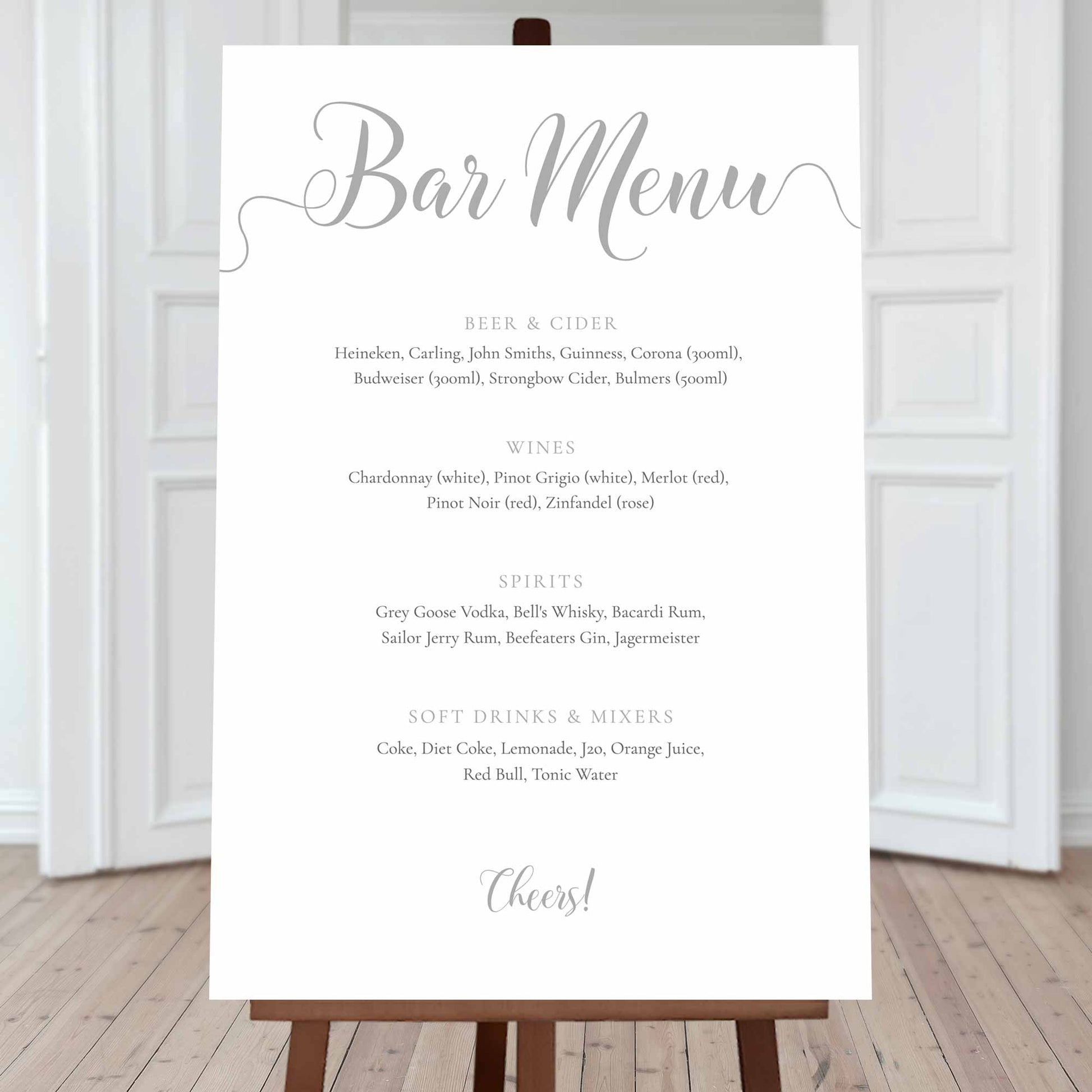 large printed editable bar menu sign in grey silver