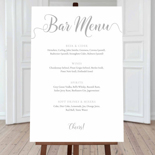 large printed editable bar menu sign in grey silver