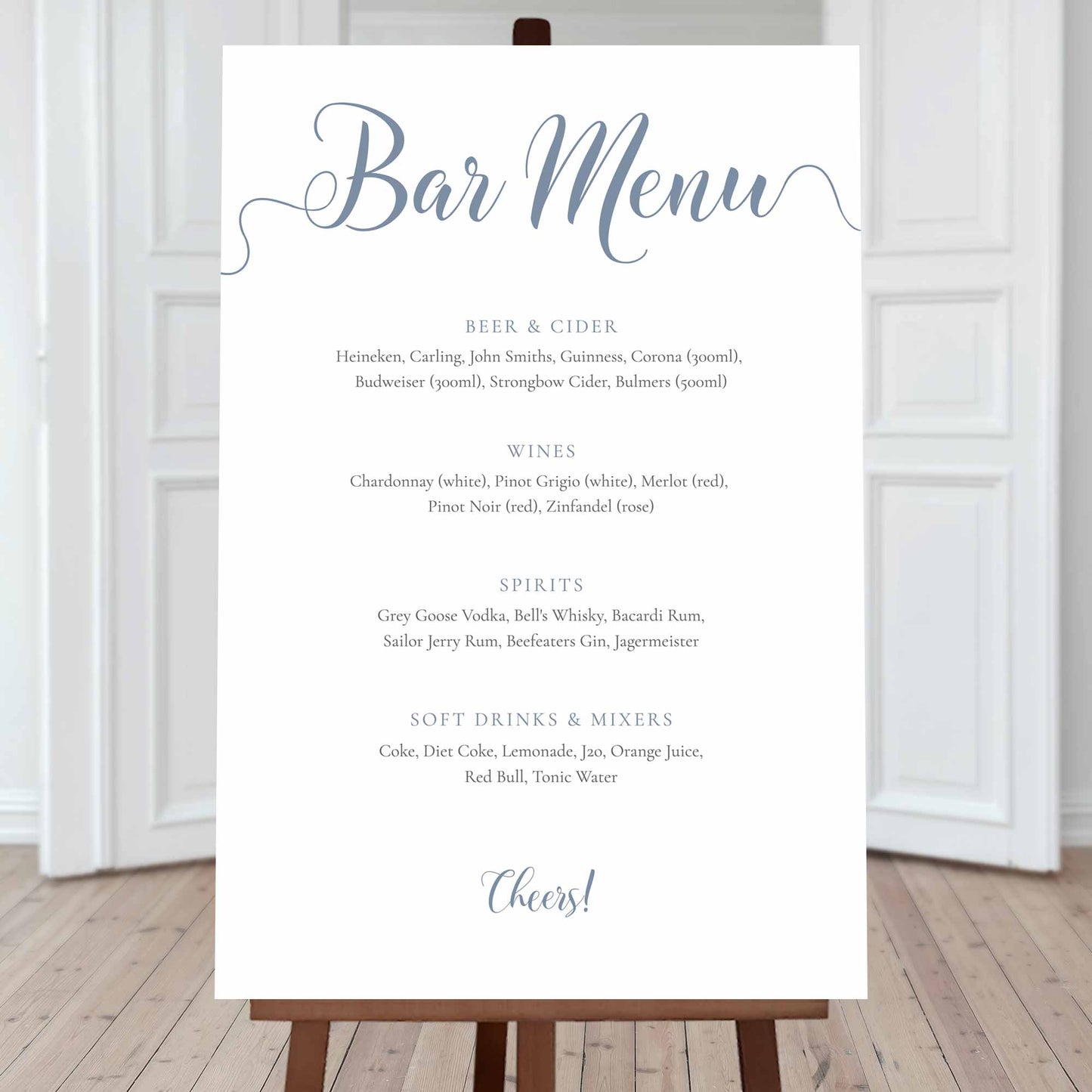 large printed editable bar menu sign in sky blue