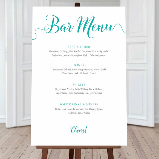 large printed editable bar menu sign in teal