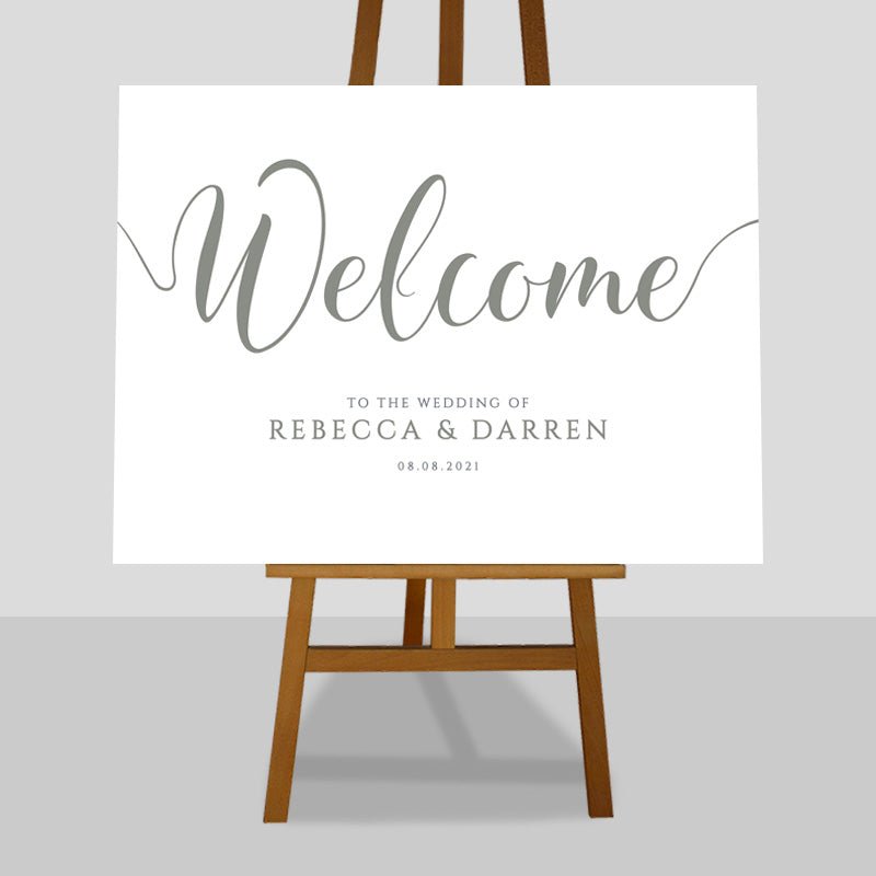 laurel green wedding welcome sign on easel