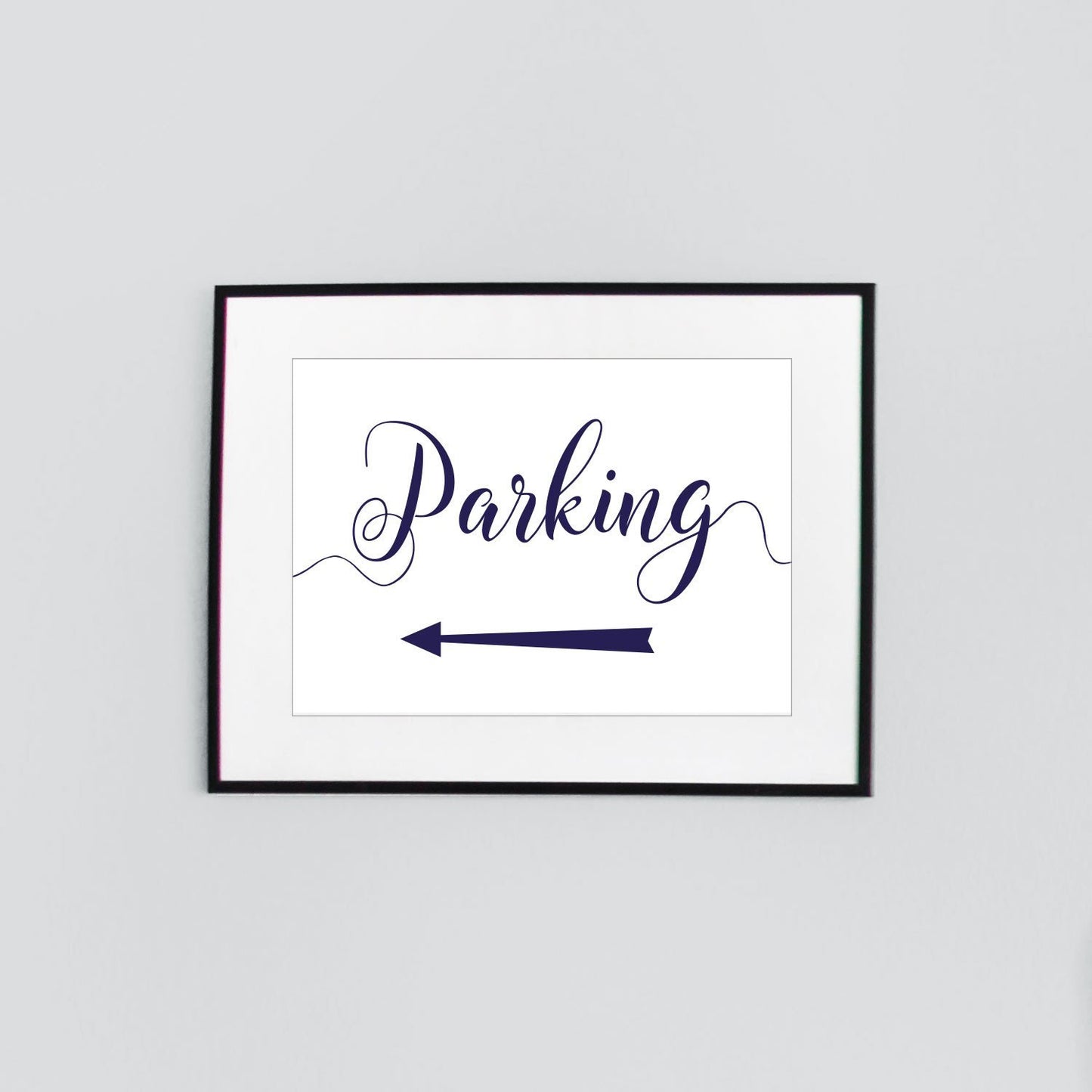 navy parking sign with left arrow framed print