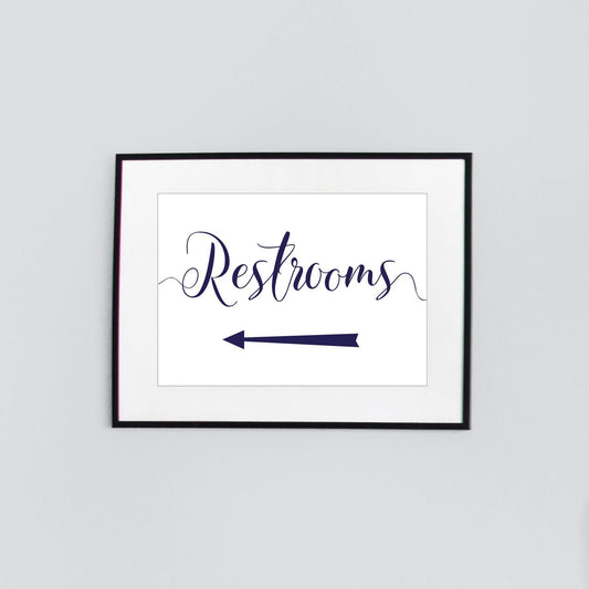 navy restrooms sign with left arrow framed print