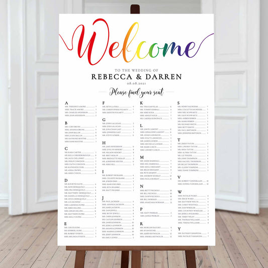 lgbt pride rainbow alphabetical wedding seating chart template