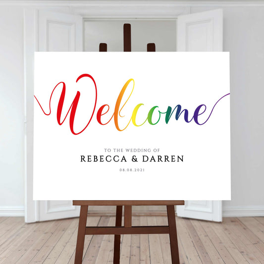 large rainbow welcome sign at a gay wedding
