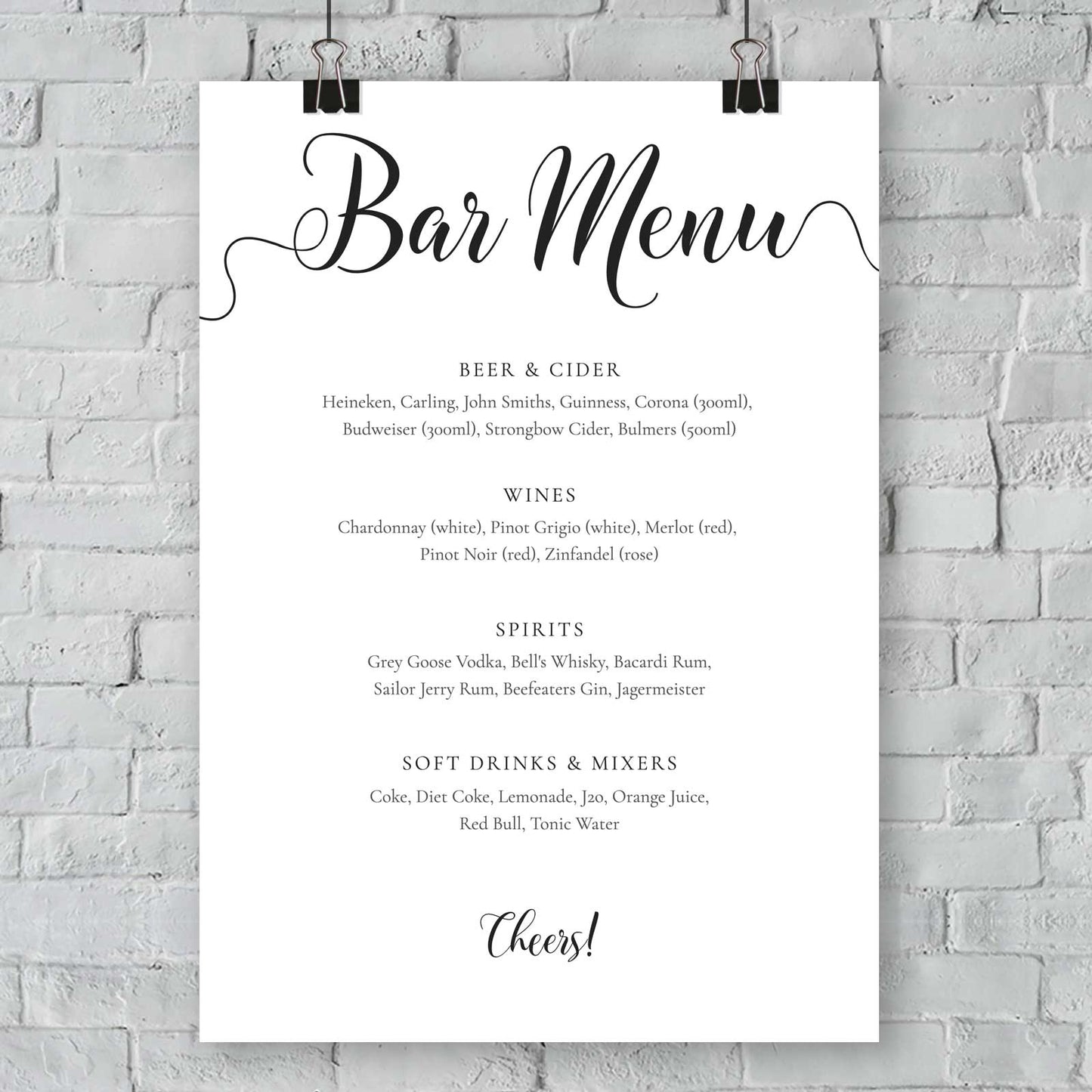 minimalist bar menu listing beer and cider, wines, spirits and soft drinks