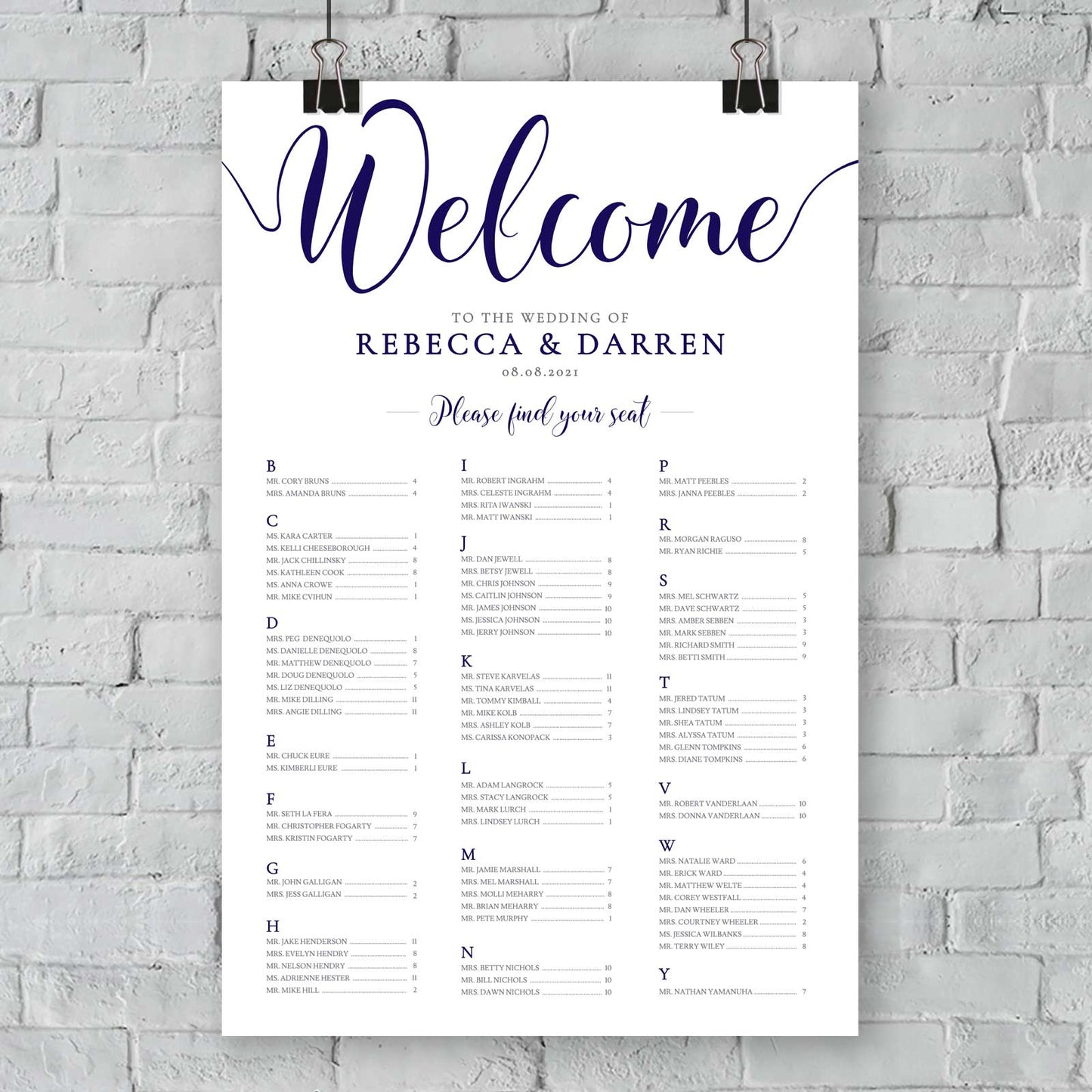 navy outdoor wedding seating plan in alphabetical order